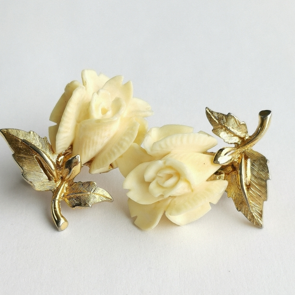 Vintage Boucher Carved Rose Mid Century Earrings